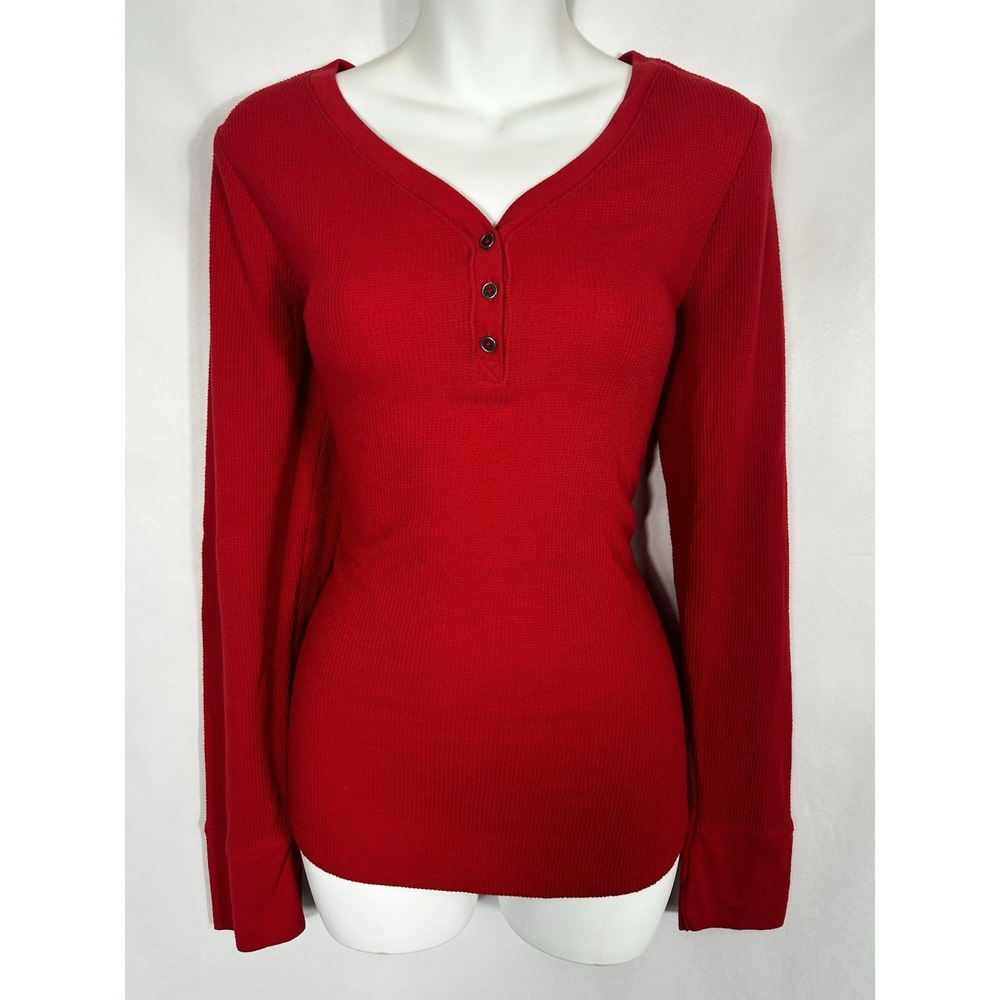 Faded Glory Y2K Waffle Thermal Henley Shirt Size L Red Long Sleeve Elena Bella